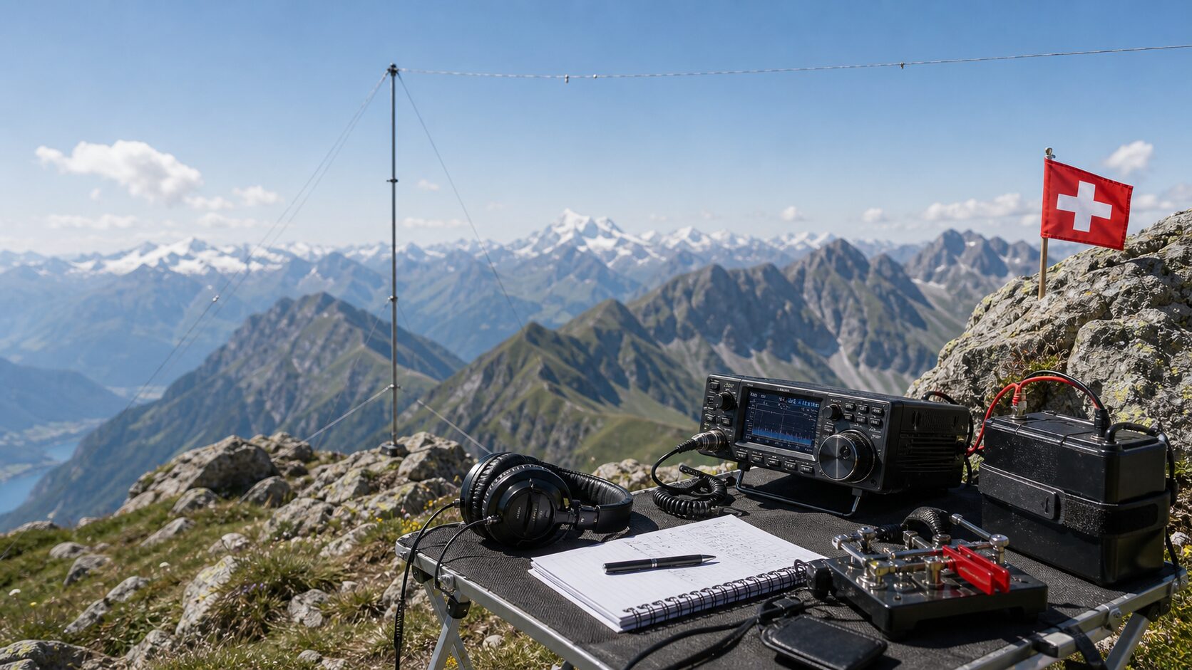 Portable Funkstation auf Schweizer Berggipfel mit Antenne und Alpenpanorama