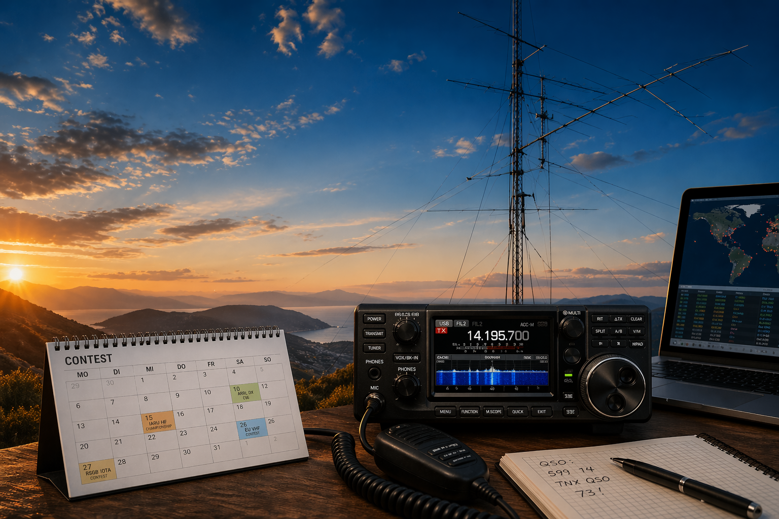 Contest-Kalender mit Amateurfunk-Station und Antenne bei Sonnenuntergang