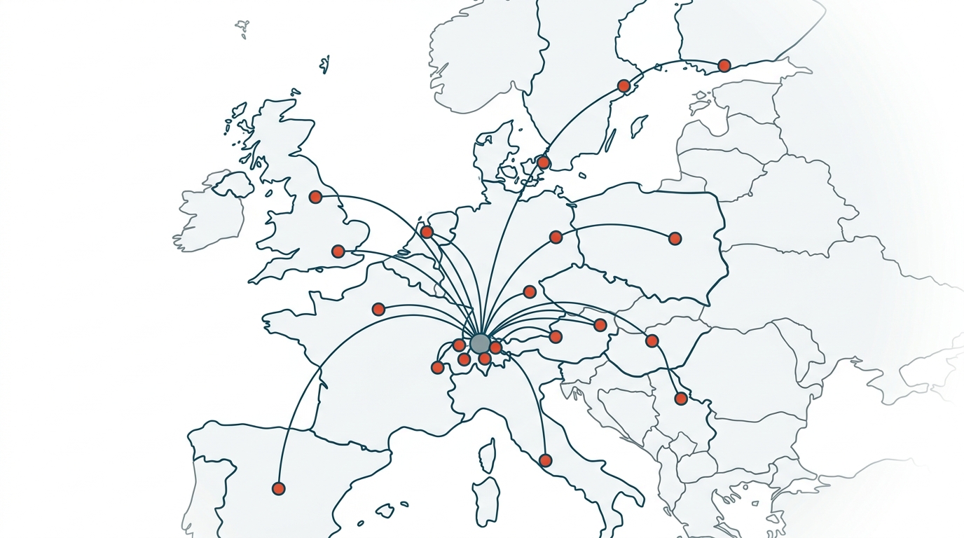 Karte Europas mit Funkverbindungen, die von der Schweiz aus zu entfernten Stationen führen