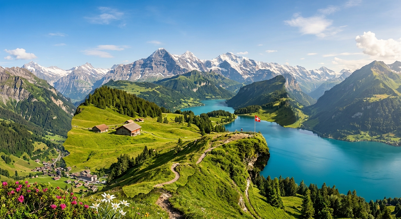 Schweizer Alpenlandschaft mit Bergsee, Alphütte und Schweizer Fahne