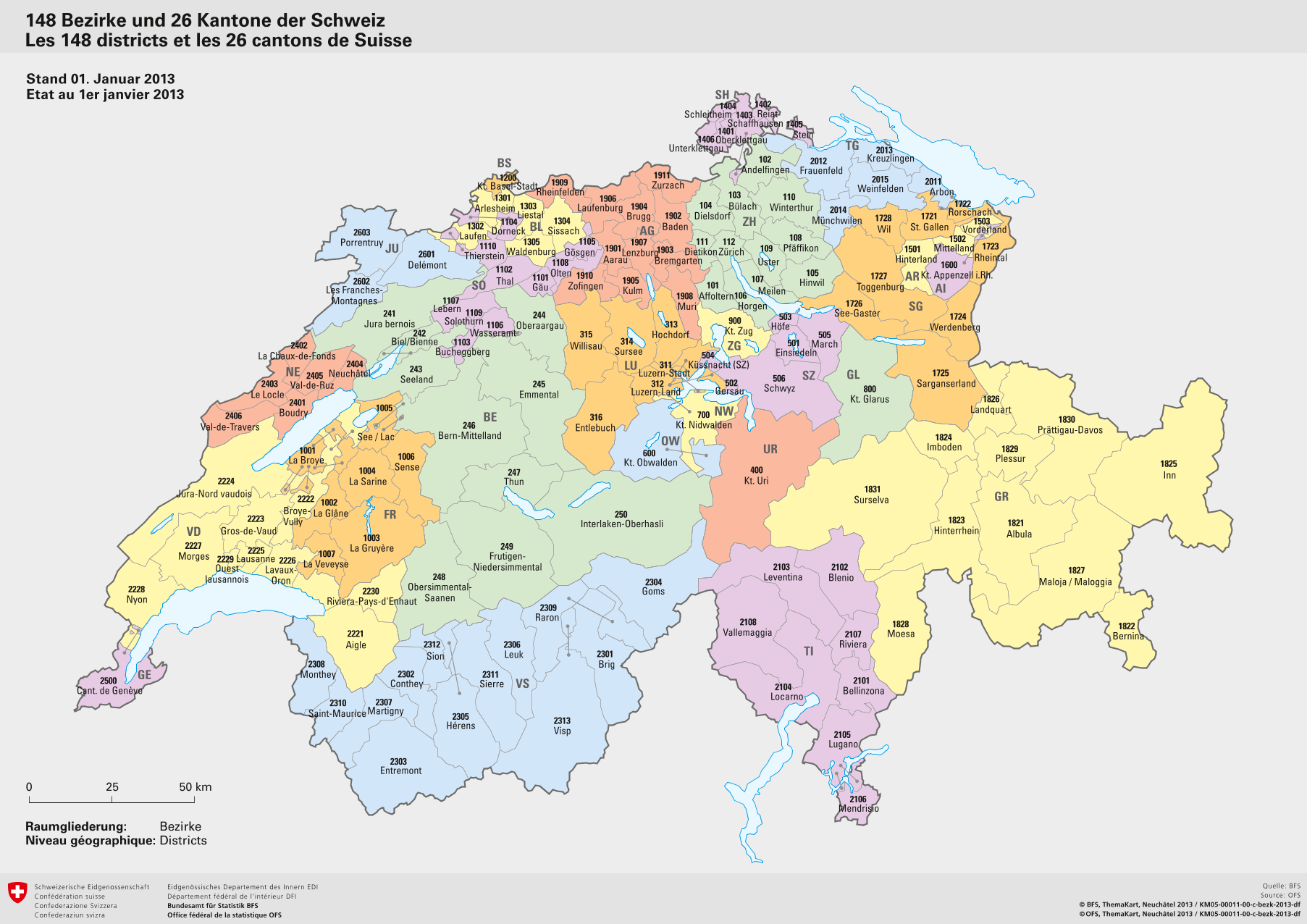 Karte der 148 Bezirke und 26 Kantone der Schweiz, Quelle Bundesamt für Statistik