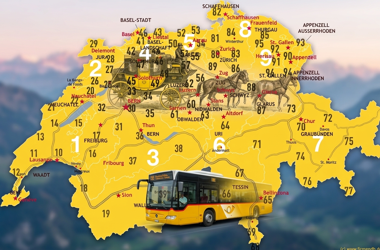 Karte der Schweiz mit den Postleitzahl-Regionen, farbig eingefärbt